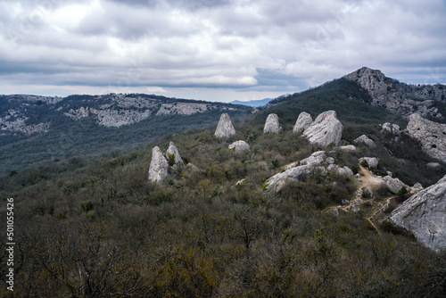 View of Temple of the Sun, Tyshlar rocks from Ilyas-Kaya mountain. Crimea photo