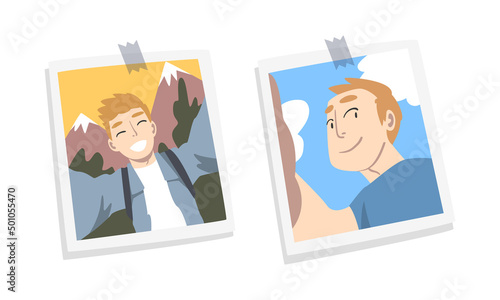 Photos of young people pinned to wall set. Selfie portraits of traveling young men cartoon vector illustration