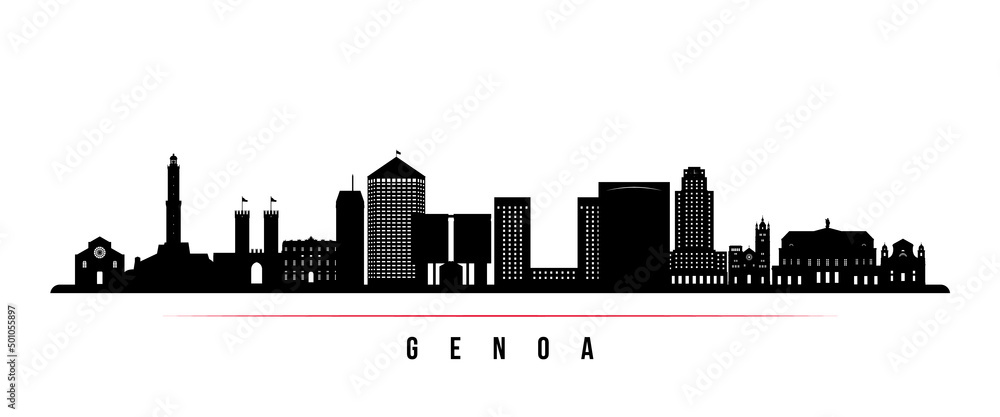 Genoa skyline horizontal banner. Black and white silhouette of Genoa, Italy. Vector template for your design.