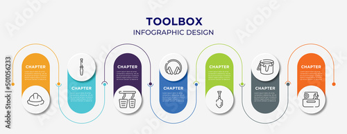 toolbox concept infographic design template. included utensils, repair screwdriver, accelerator, ear protection, gardening palette, open paint bucket, wrench and nut icons for abstract background.