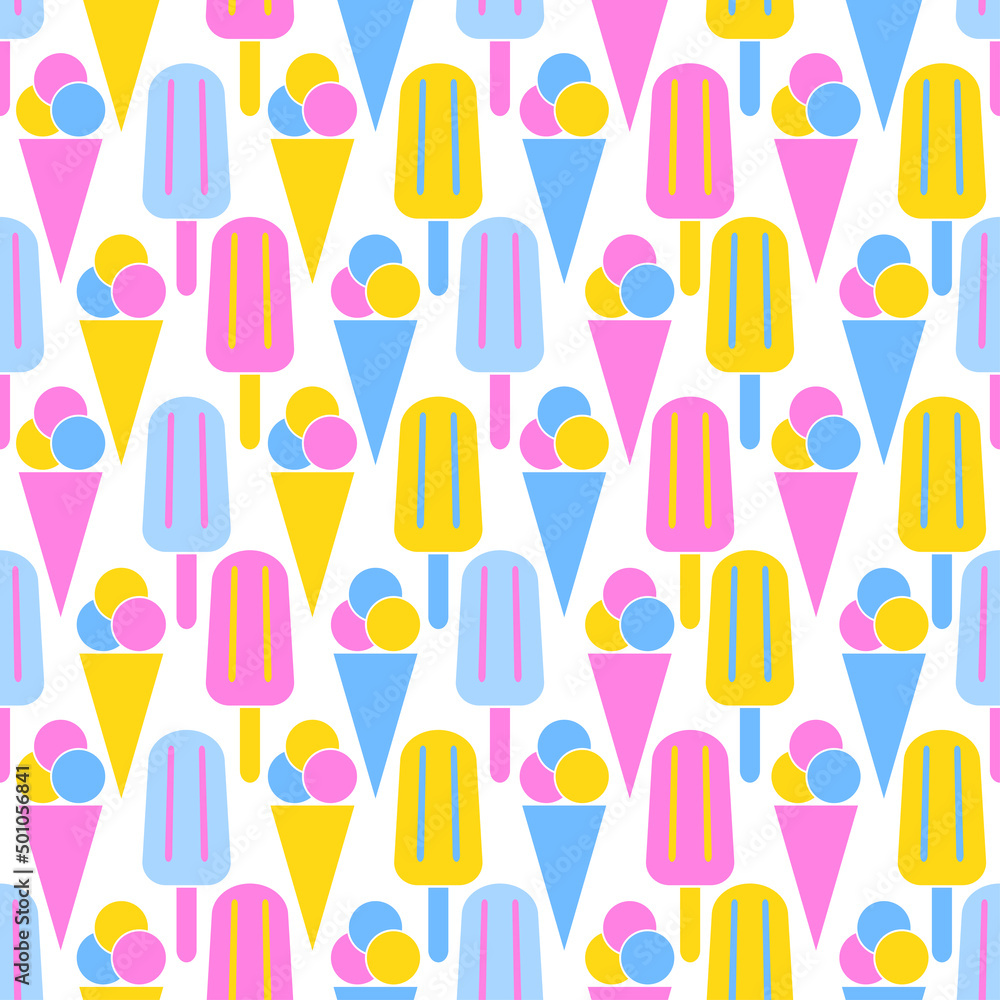 Seamless pattern with ice cream. Flat icon cone ice cream on white background. Summer background in pop art color. Design for print on fabric, wrapping paper, wallpaper, packaging. Vector illustration Seamless pattern with ice cream. Flat icon cone ice cream on white background. Summer background in pop art color. Design for print on fabric, wrapping paper, wallpaper, packaging. Vector illustration