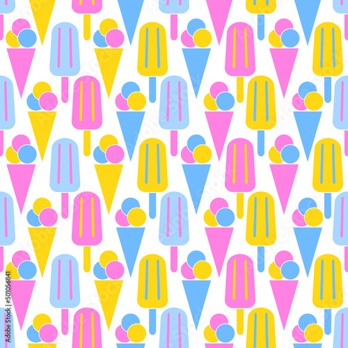Seamless pattern with ice cream. Flat icon cone ice cream on white background. Summer background in pop art color. Design for print on fabric  wrapping paper  wallpaper  packaging. Vector illustration