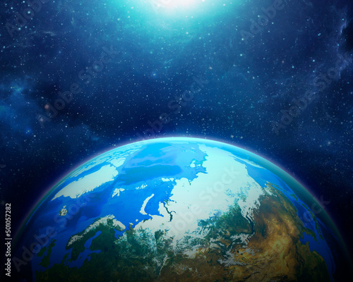 Fototapeta Naklejka Na Ścianę i Meble -  blue earth in space art colorful solar system blue gradient wallpaper. 3D render