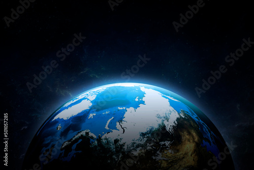 Fototapeta Naklejka Na Ścianę i Meble -  Night world in outer space abstract wallpaper, city lights on planet civilization. 3d render