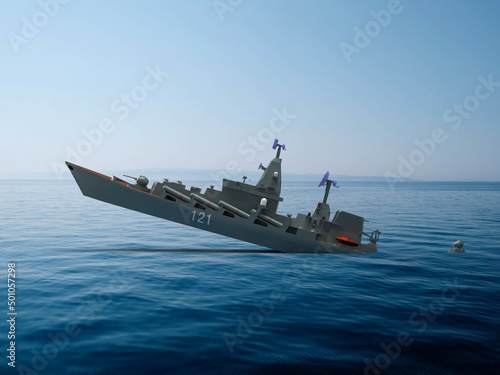 Canvas Print 3d render Russian warship Moscow is sinking in the sea lined with Ukraine