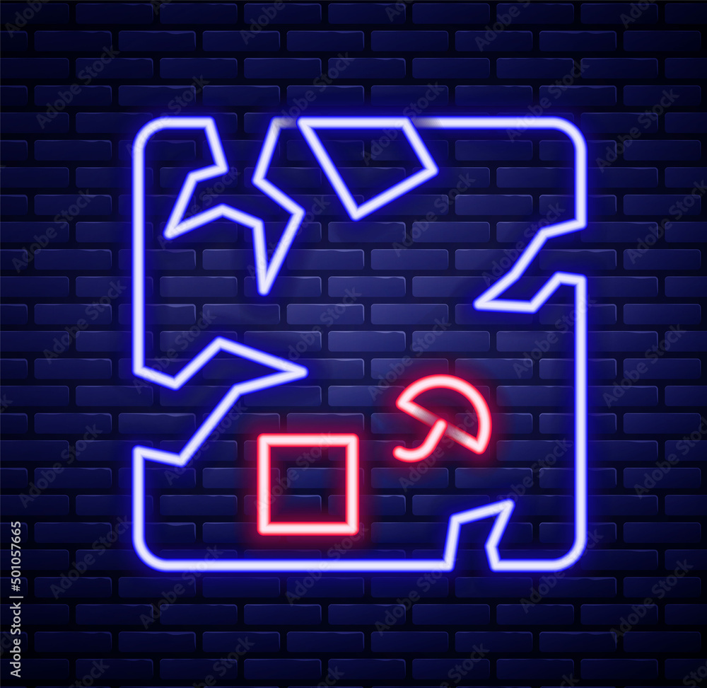 Glowing neon line Broken cardboard box icon isolated on brick wall background. Box, package, parcel sign. Delivery and packaging. Colorful outline concept. Vector Glowing neon line Broken cardboard box icon isolated on brick wall background. Box, package, parcel sign. Delivery and packaging. Colorful outline concept. Vector