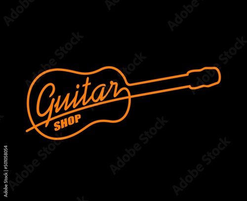 Canvas Print Acoustic guitar neon sign or vector icon of music shop, rock bar, live show or concert, night club, disco party or pub