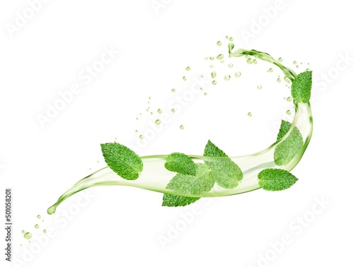Green mint leaves and herbal tea wave round splash. Vector menthol, peppermint and matcha drink swirl, isolated spill or curve with realistic 3d drops explosion, falling droplets and splatters