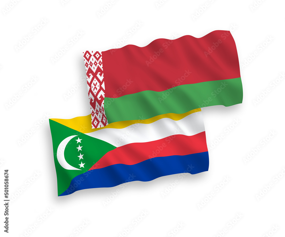 National vector fabric wave flags of Union of the Comoros and Belarus isolated on white background. 1 to 2 proportion. National vector fabric wave flags of Union of the Comoros and Belarus isolated on white background. 1 to 2 proportion.