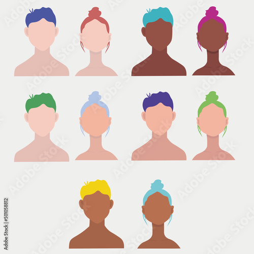 People of different nationalities with colorful hairstyles. Man and women of different nationalities with colorful. Different people. Female and male vector illustration. Different hair colors