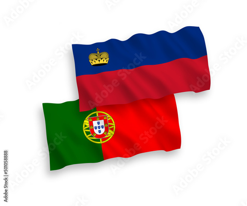 National vector fabric wave flags of Portugal and Liechtenstein isolated on white background. 1 to 2 proportion.