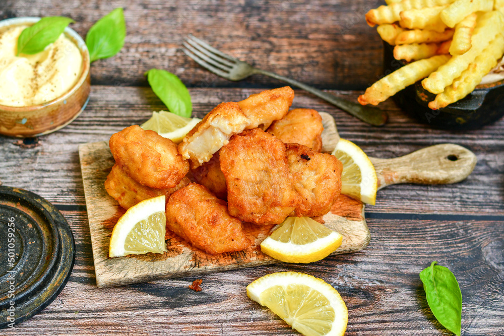 Allasca Pollock Fish Bites in a crispy Tempura Batter.Fish and chips