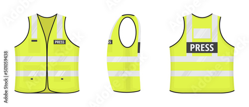 Safety reflective vest with label PRESS tag flat style design vector illustration set. Yellow fluorescent security safety work jacket with reflective stripes. Front, side, back view road uniform vest.