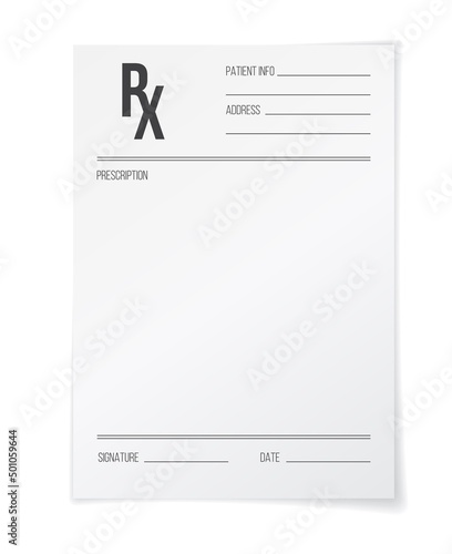 Rx form, pharmacy and hospital realistic vector paper blank sheet. Medical prescription document 3d mockup, isolated doctor Rx note pad and pharmacist receipt for prescription drugs and pills