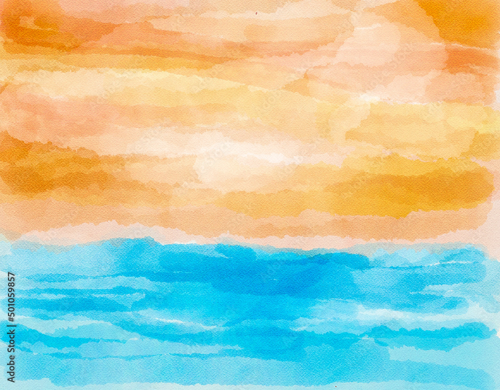 Sunset at the ocean orange sky blue sea in watercolor.