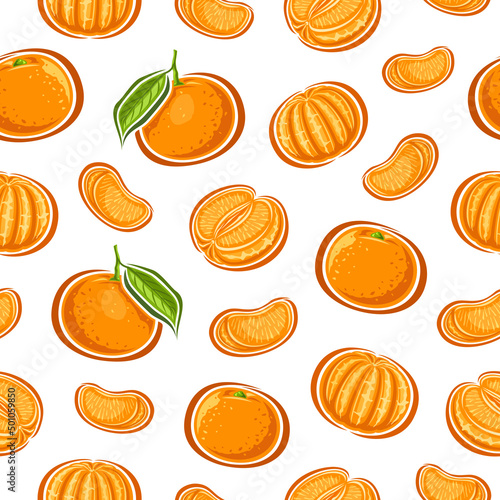 Vector Mandarin seamless pattern, repeat background with set of cut out illustrations ripe variety mandarins with green leaves, group of natural various mandarin on white background for wrapping paper