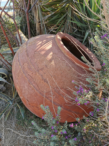 A pithos is a large ceramic vessel in which food was previously stored lying on the ground among plants. photo