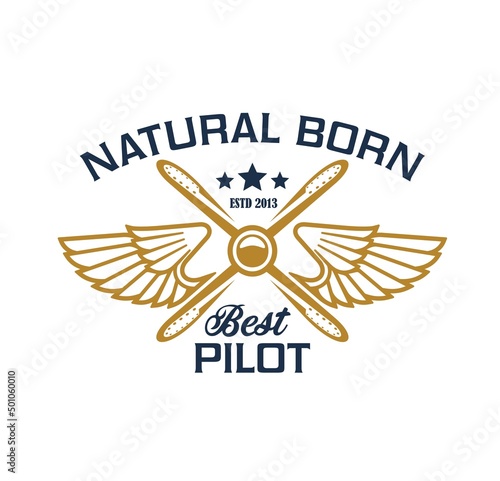Airplane pilots crew icon, plane propeller and wings, vector aviation emblem. Pilot or aviator academy team badge with retro propeller airplane and natural born best pilot slogan with premium stars