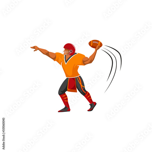 Quarterback kicker running back, american football player isolated vector character. American football sport team game player in helmet with ball in action position, college or varsity league