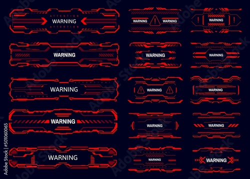 HUD interface warning and caution, attention alert and danger zone, vector red signs. HUD frames of cyber game UI with alert boxes for warning and danger cation alert of attack or system damage error