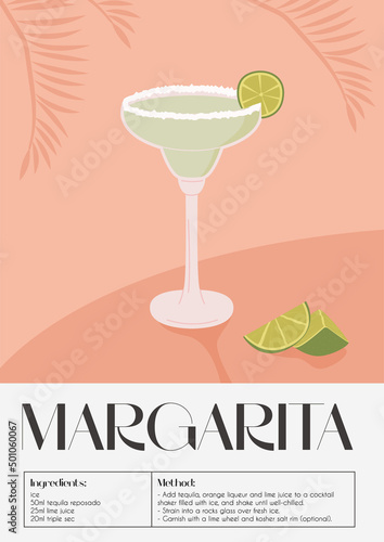 Contemporary poster of Margarita cocktail with lime wedge, cutted lime pieces and tropical palm brunch on the background. Classic alcoholic beverage recipe. Modern trendy print. Vector illustration.