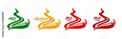 Spicy level labels and icons of pepper and fire flames, vector spicy flavor scale. Green mild, yellow medium and red extra hot symbols of chili or jalapeno pepper and Tabasco sauce