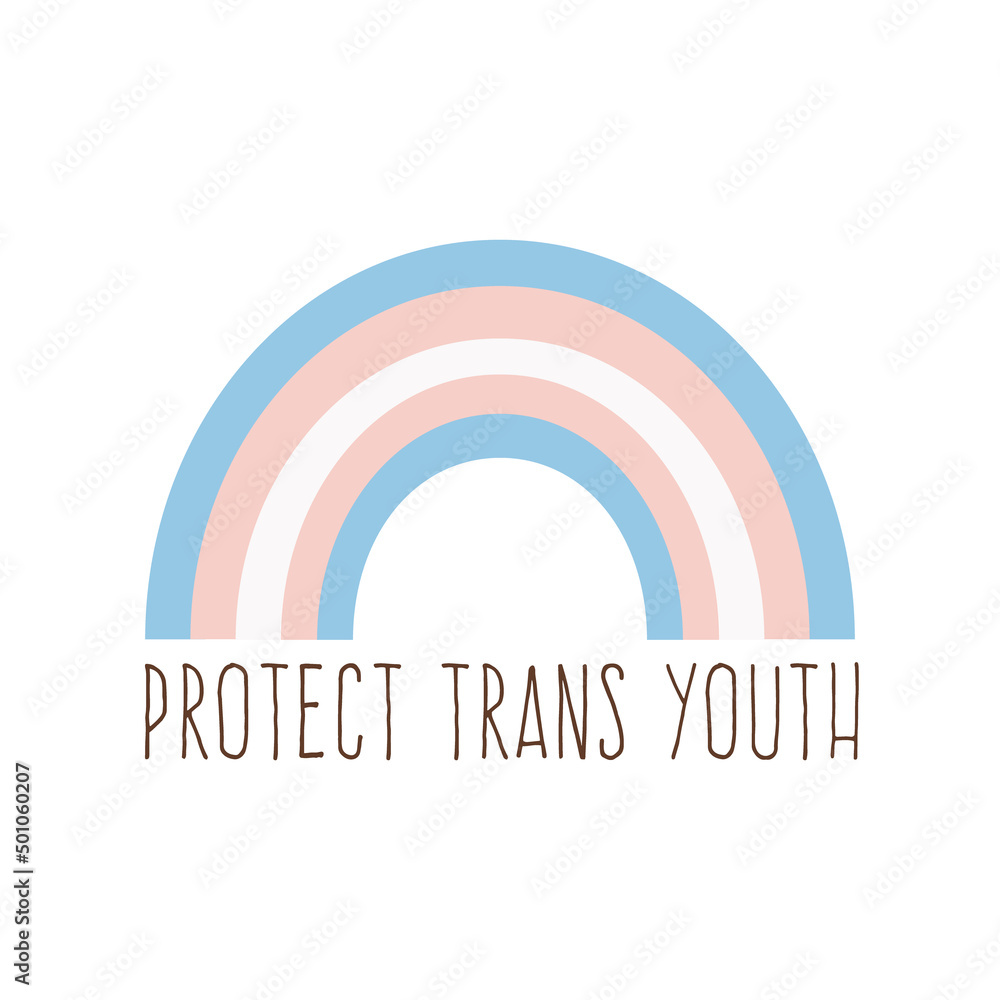 Square banner with rainbow in transgender flag colors. Card with Protect trans youth slogan. LGBTQ pride month. Vector illustration isolated on white. - obrazy, fototapety, plakaty 