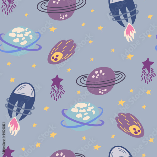 Space seamless pattern. Cosmic. Background with cartoon planets and stars. Perfect for children's designs, wallpaper, textile and print. Vector Hand draw illustration © PawLoveArt