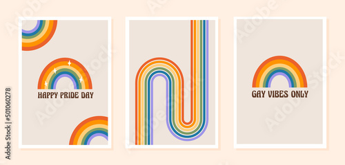 Pride month posters with rainbow and LGBTQ slogans. Set of queer vertical greeting cards with mid century rainbow. Greeting cards with LGBT symbol in retro groovy 60s 70s style. Vector illustration.