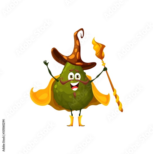 Cartoon avocado witch character, wizard magician fruit or vegetable with magic wand, isolated vector. Kids personage, funny avocado sorcerer, magician or warlock mage in magic cape and witch hat
