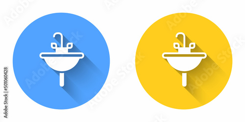 White Washbasin with water tap icon isolated with long shadow background. Circle button. Vector
