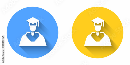 White Graduate and graduation cap icon isolated with long shadow background. Circle button. Vector