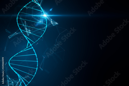 Abstract glowing DNA hologram on dark blue background with mock up place. Science, medicine and biotechnology concept. 3D Rendering. photo
