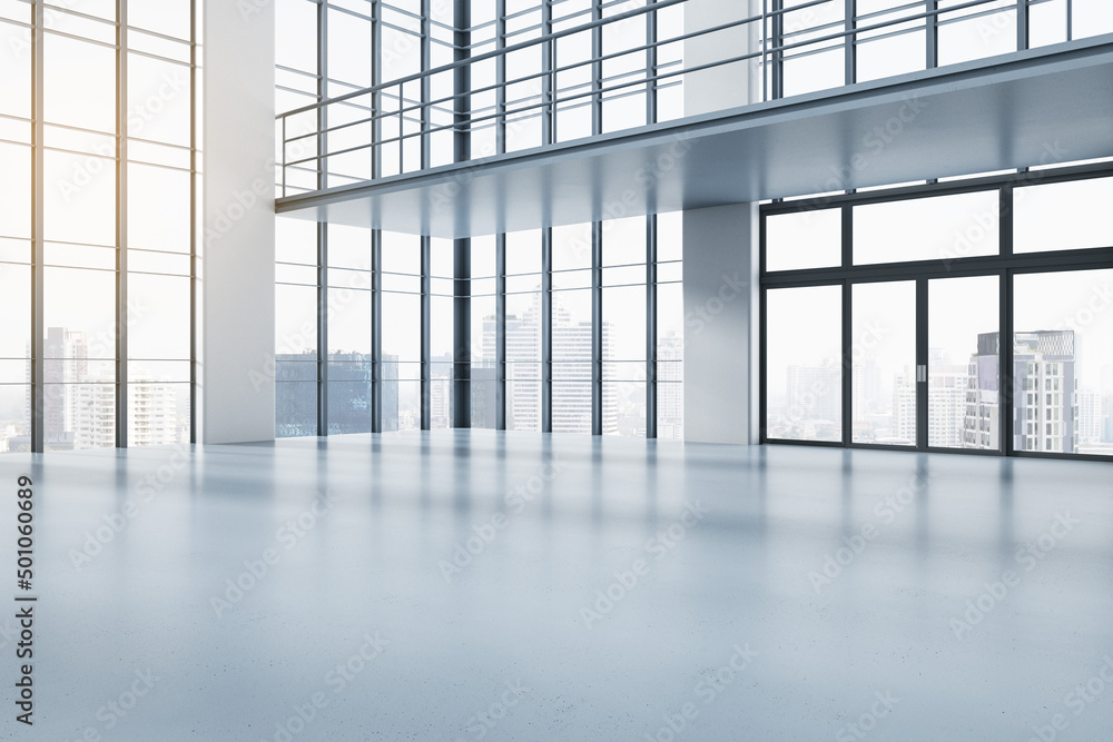 Fototapeta premium Clean concrete spacious interior with glass windows and city view. 3D Rendering.