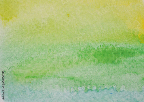 Color gradient from blue with yellow and green on white surface , Illustration abstract and bright background from watercolor hand draw on paper