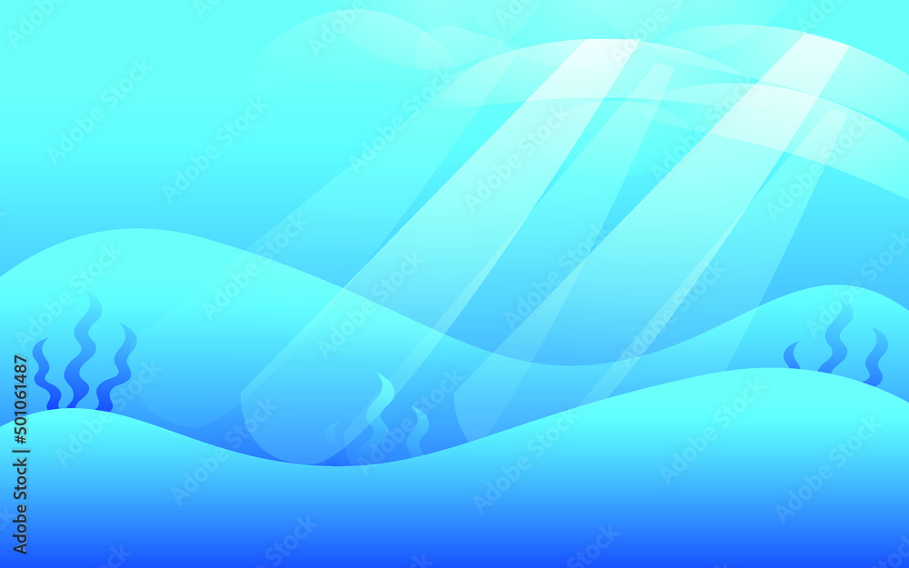 Abstract  Sea underwater with lighting effect of sunlight with background. World Ocean Day. Colored vector illustration.