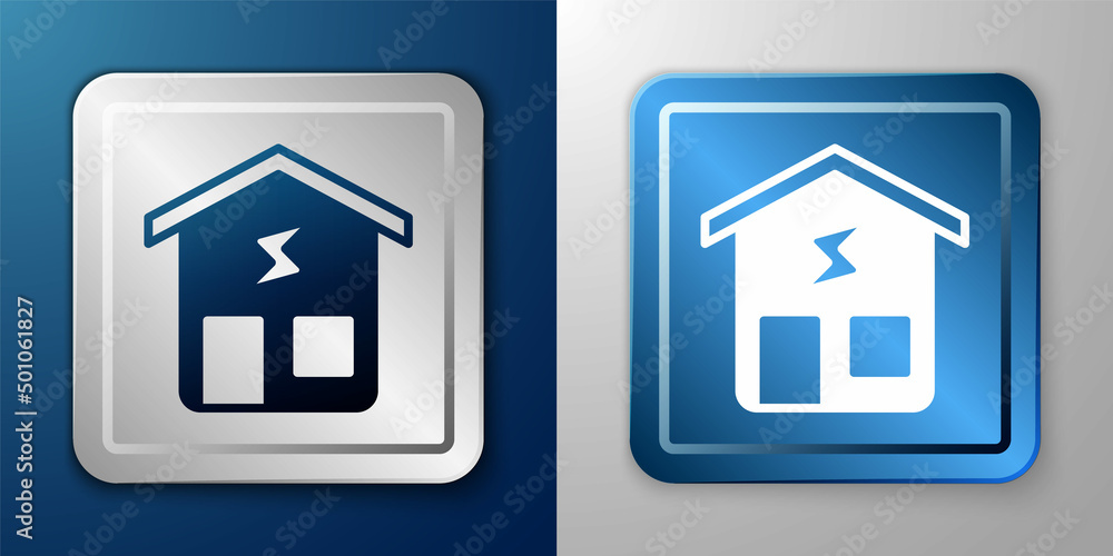 White Smart home icon isolated on blue and grey background. Remote control. Silver and blue square button. Vector White Smart home icon isolated on blue and grey background. Remote control. Silver and blue square button. Vector