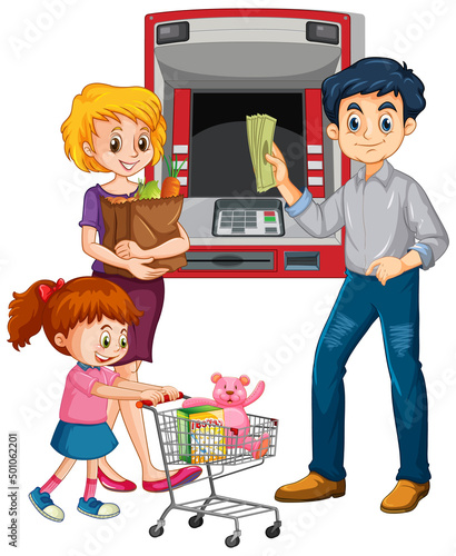 A man withdraw money from atm machine and his family cartoon character