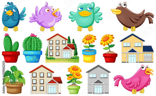 Set of houses and colorful birds