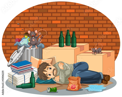 Homeless man lying near garbage