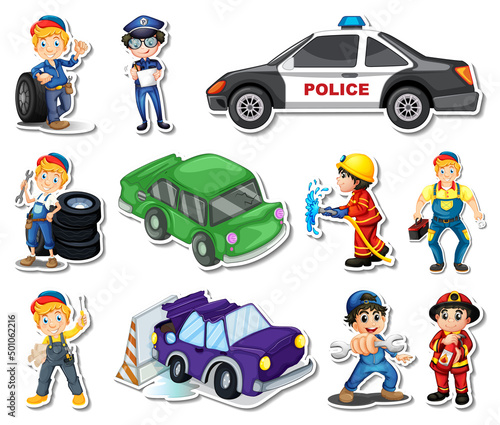 Sticker set of professions characters and objects