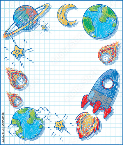Spaceship hand drawn coloured crayon background template