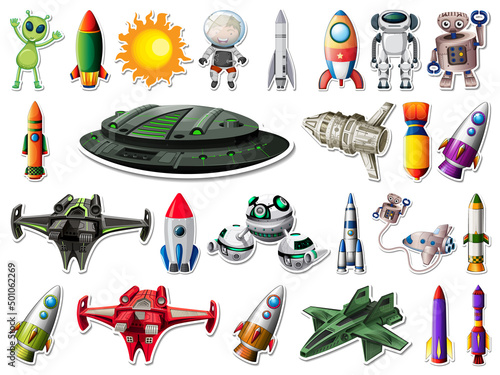 Sticker set of outer space objects and astronauts