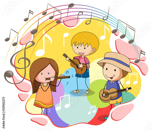 Doodle children with music instrument and melody