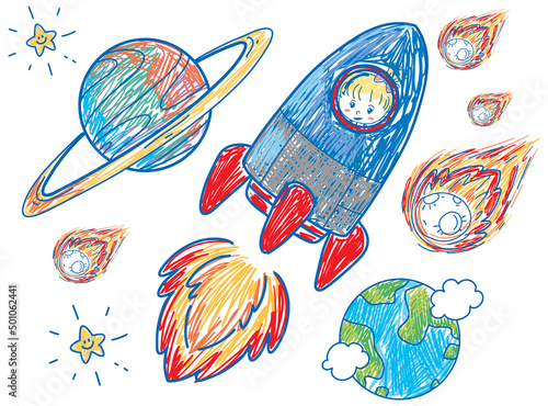 Coloured hand drawn spaceship collection