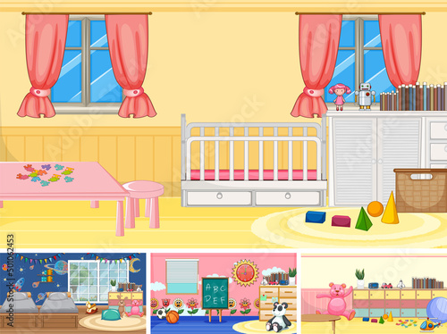 Set of different kindergarten classroom scenes