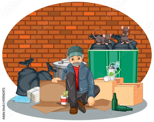 Homeless man sitting near garbage