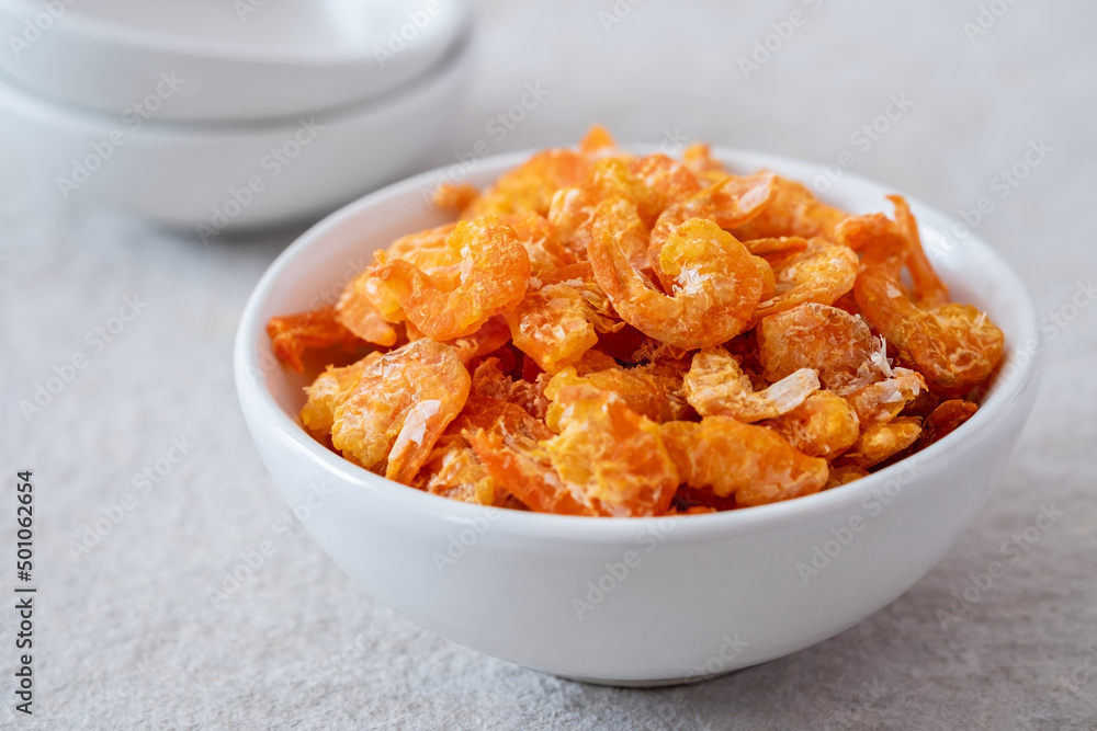 Dried shrimp in white bowl. Dried shrimp in white bowl.