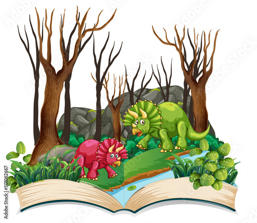 Opened book with various dinosaurs cartoon