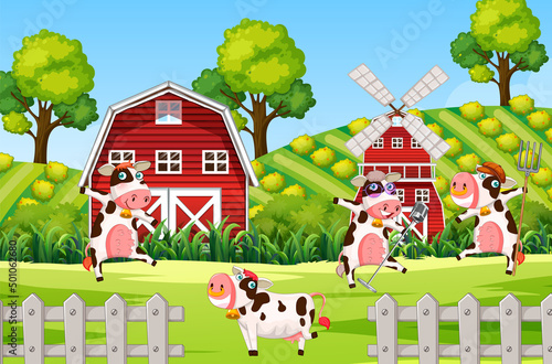 Farm scene with cows in the field